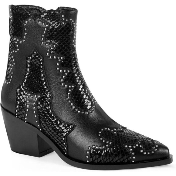 Women's Ankle Cowboy Rivet Studded Western Low Chunky Heel Almond Toe Short Boot - Picture 1 of 6